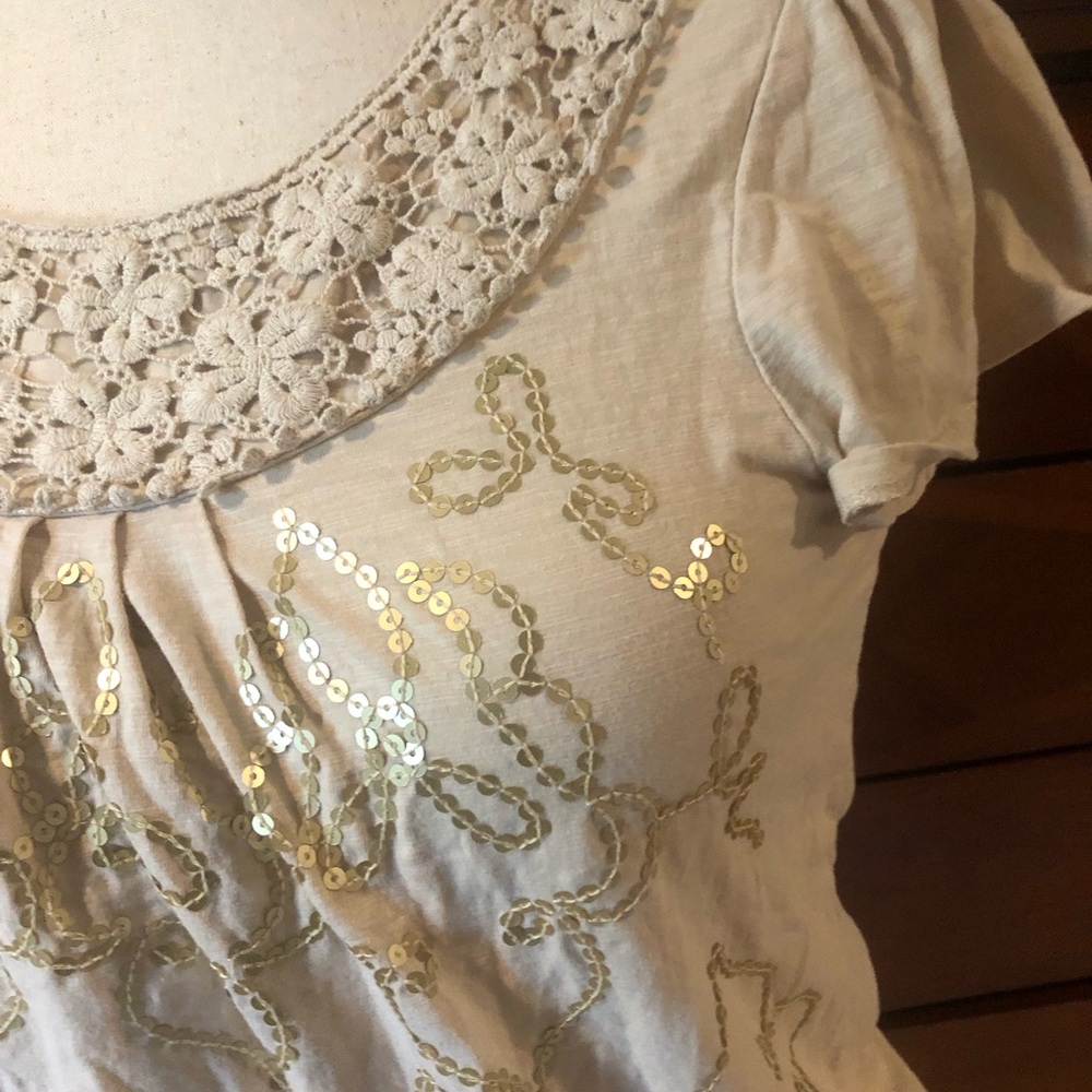 Style & Co. Cream Short Sleeve Top with Crochet Yoke & Gold Sequin Accents - Picture 4 of 6